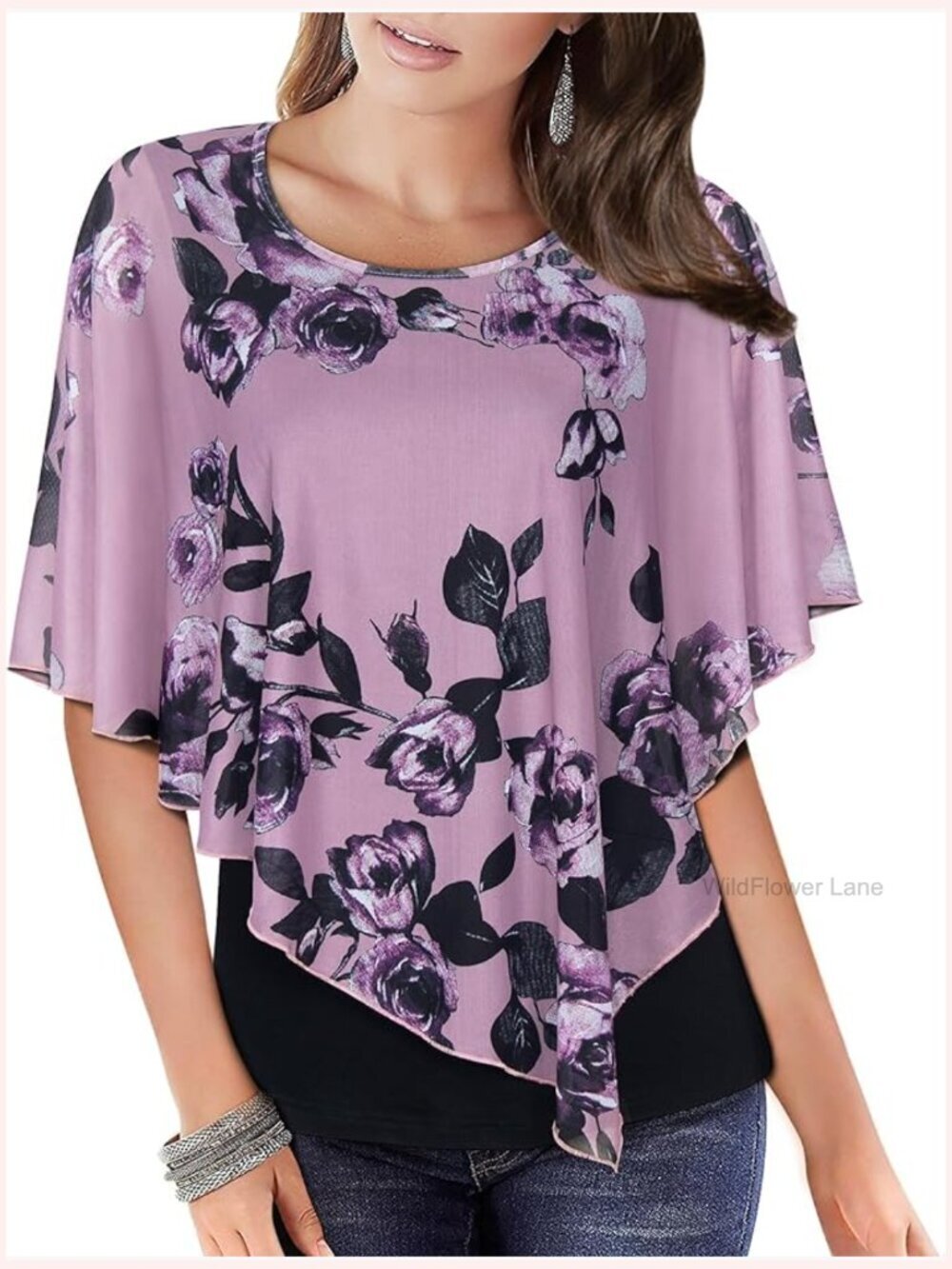Scoop Neck Flowy Mesh Poncho Blouse Top Dressy Casual